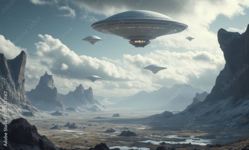 Poster Futuristic landscape with alien spacecraft