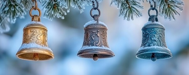 Ornate Bells Hanging from Snow-Covered Pine Branches in a Serene Winter Scene