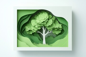 3D paper art of a green tree in a shadow box frame