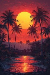 Beautiful tropical sunset with palm trees and an orange sky