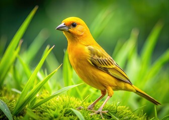 Fototapeta premium Vibrant Saffron Finch photographed in Rio's grasslands; a splash of yellow in Brazilian wildlife. Sicalis flaveola.