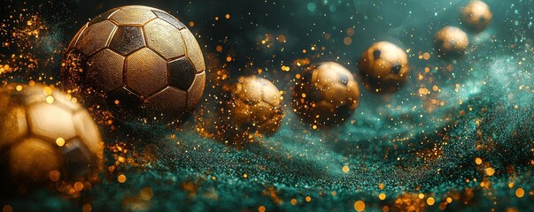 Golden soccer balls shimmering with glitter on a teal background