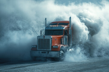 Semi truck navigating through dust storm on desert highway.