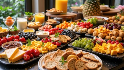 Obraz premium A vibrant spread of assorted fruits and cheeses artfully arranged on a table, with an array of colorful crackers complementing the display. A pristine white plate adds elegance to the ensemble