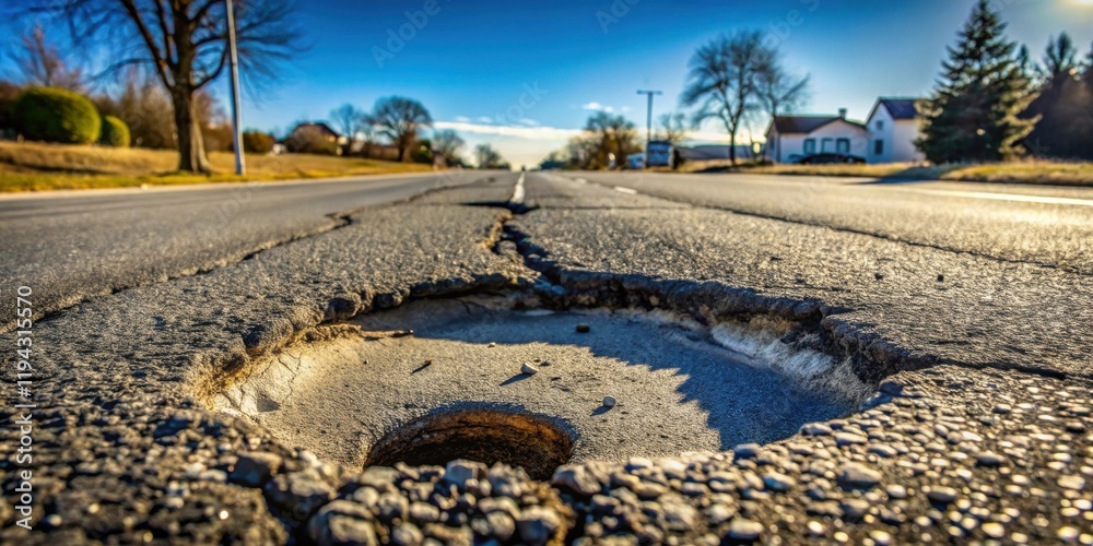Poster close-up view of a significant pothole on a paved road surface, showcasing extensive cracking and de