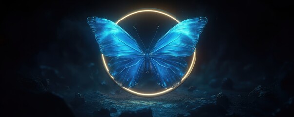 Glowing blue butterfly logo with cosmic background in dark