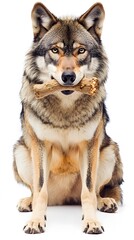Obraz premium 16. A wolf chewing on a bone, sitting still with a clean white background