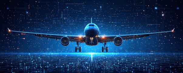 Digital blue background with airplane in futuristic  design