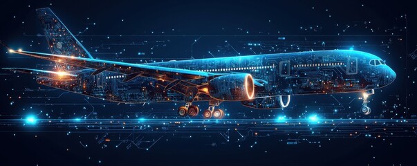 Blue digital aircraft  illustration with futuristic elements