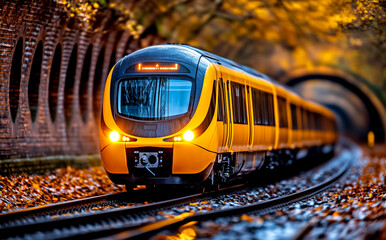 A yellow train is traveling down a track