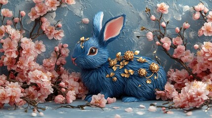 Rabbit Blue "Happy Chinese New Year 2025" on a serene blue banner with detailed gold rabbit motifs and delicate cherry blossoms, creating a festive and elegant appearance.