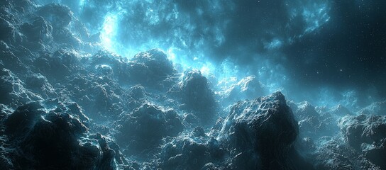 Celestial landscape  Icy rocks, glowing nebula. Space exploration