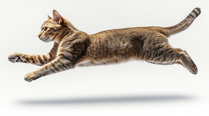 Agile Cat Leaping Gracefully Against a White Background, Capturing the Essence of Feline Elegance.