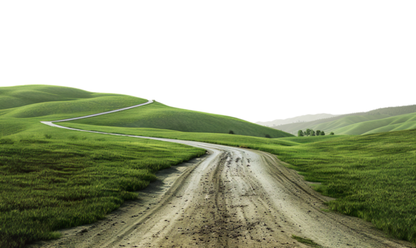  Dirt road among the green hills on a transparent background
