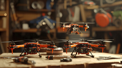 Naklejka premium Orange drones workshop repair flight tools