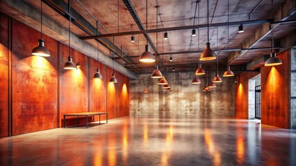 Naklejka premium Industrial Loft Interior Design Warm Lighting and Polished Concrete Floor with Rusty Metal Wall