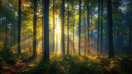 Fototapeta premium Forest scene with foliage and sunlight filtering through trees