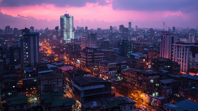 Vibrant Dhaka Skyline at Dusk