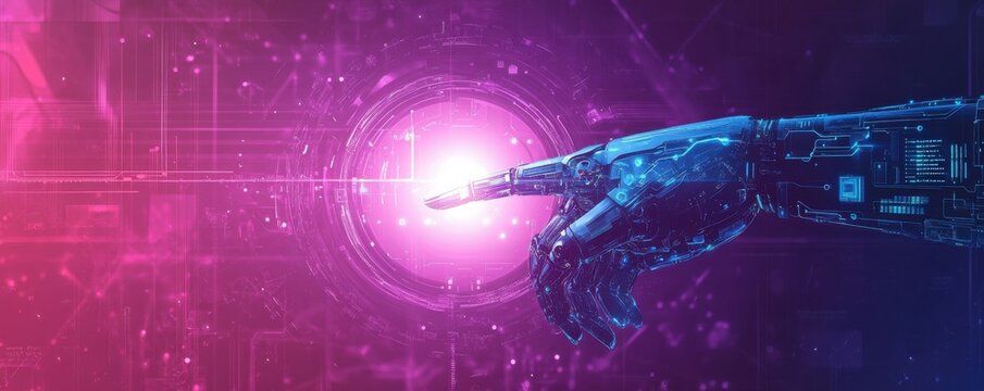 Futuristic AI robot hand reaching towards glowing digital vortex