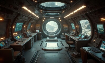 Futuristic spaceship control room interior