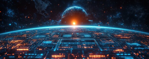 Futuristic digital interface featuring a glowing AI network with data flow