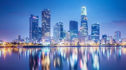 Cityscape at twilight, reflecting on calm water; urban development, modern architecture