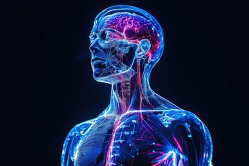 Futuristic visualization of the human body with glowing muscles and nerves