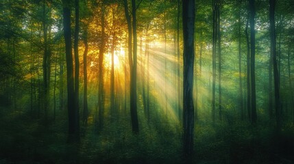 Fototapeta premium Forest scene with foliage and sunlight filtering through trees