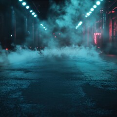 Mystische Gasse bei Nacht mit blauem Nebel und Licht – Urbaner Cyber-Look