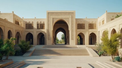 Obraz premium Historic Courtyard with Arched Entrance and Symmetrical Architecture