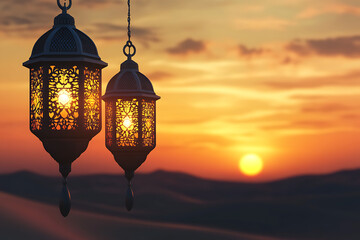 Two ornate lanterns glow against a sunset backdrop in a desert landscape.