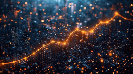 Cityscape growth chart, upward trend, night, glowing line