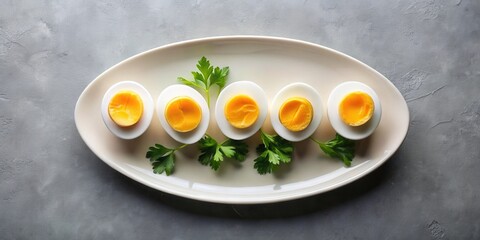 Overhead View of Five Perfectly Halved Boiled Eggs Arranged on an Oval Plate with Fresh Parsley Garnishes