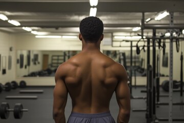 Rear view of a muscular black man in a gym environment showcasing strength and determination