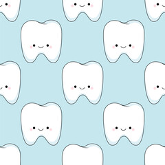 Kawaii smiling tooth. The concept of oral hygiene. Cute children's vector illustration. Seamless pattern
