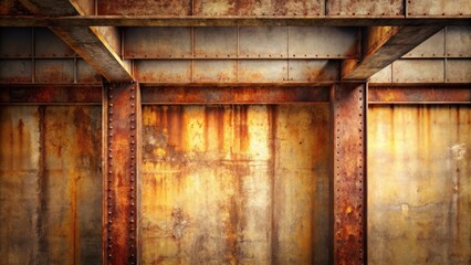 Rustic Industrial Metal Texture Weathered Steel Beams and Corroded Wall Panels Featuring Rivets and Aged Surface