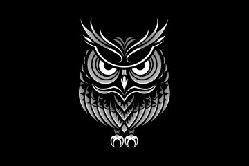 Fototapeta premium Ornate Tribal Owl Black and White Vector Graphic