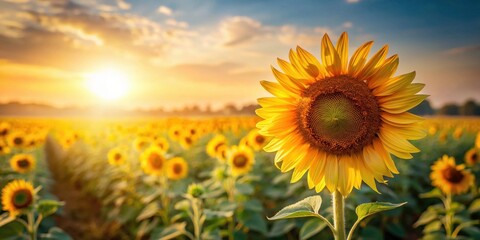 Obraz premium Golden Hour Sunflower Field at Sunset A Vibrant Summer Landscape