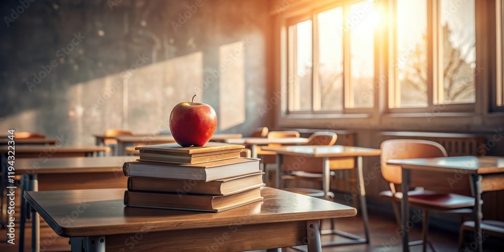 Poster a red apple rests atop a stack of books on a classroom desk in a sunlit room