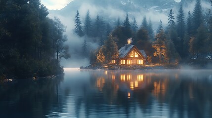 Fototapeta premium A cozy log cabin beside a tranquil lake, surrounded by dense forest, the glassy water mirroring the cabin and tall trees, soft morning mist enhancing the magical ambiance, ultra-detailed textures,