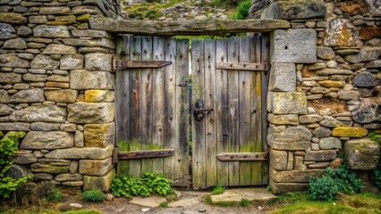 Rustic Wooden Gate Set in Ancient Stone Wall, a Pathway to the Unknown