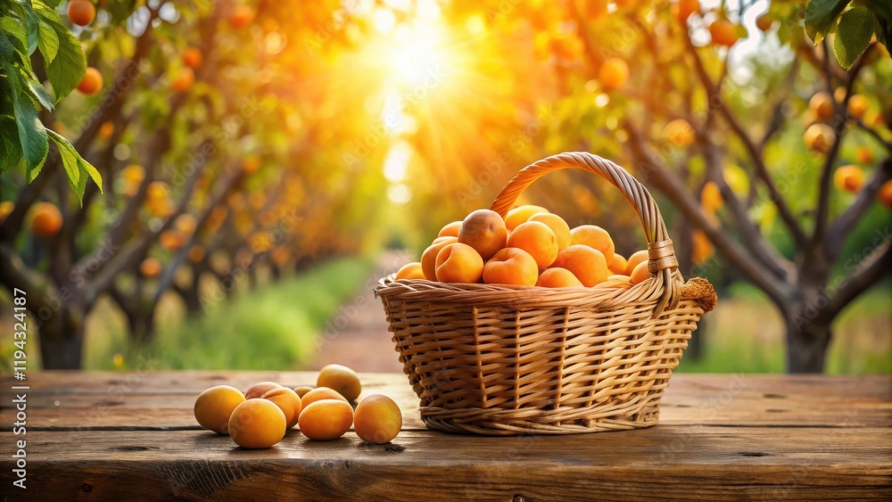 Poster a wicker basket overflowing with ripe apricots sits on a rustic wooden table, bathed in the warm gol