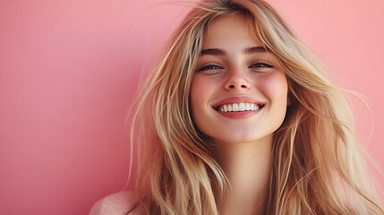 Fototapeta premium Joyful portrait of a smiling young woman against a pink background