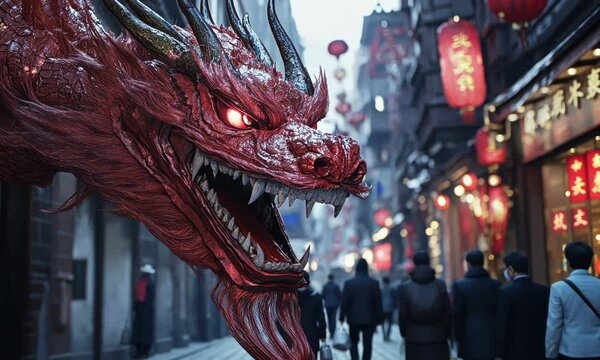 The dragon dance at the Chinese New Year festival features a Chinese dragon as a character