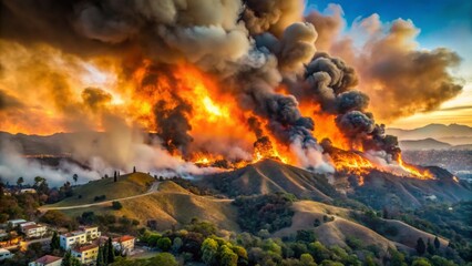 Dramatic Wildfire at Sunset Over Mountain Landscape