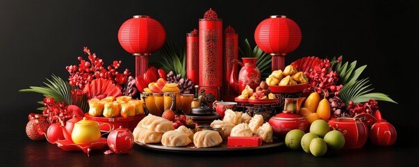 Fototapeta premium Colorful Festive Arrangement of Traditional Foods and Decorations for Celebration Events