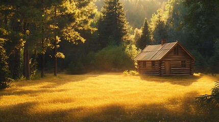 A cozy log cabin resting in a meadow of golden grass, bordered by a forest of vibrant green and amber tones, evening sunlight casting long, dramatic shadows, warm and inviting atmosphere,