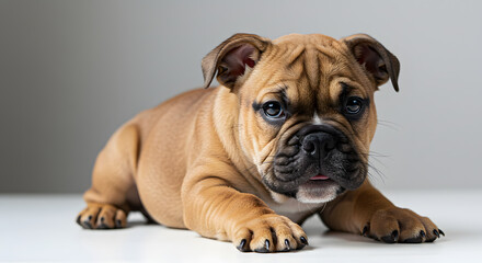  A solitary bulldog puppy is presented on a white background.
