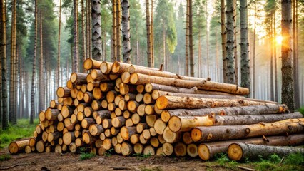 Sunrise in the Forest A Stack of Harvested Logs in a Misty Pine Grove