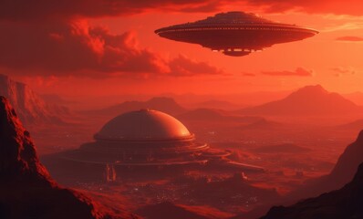 Futuristic alien landscape at sunset